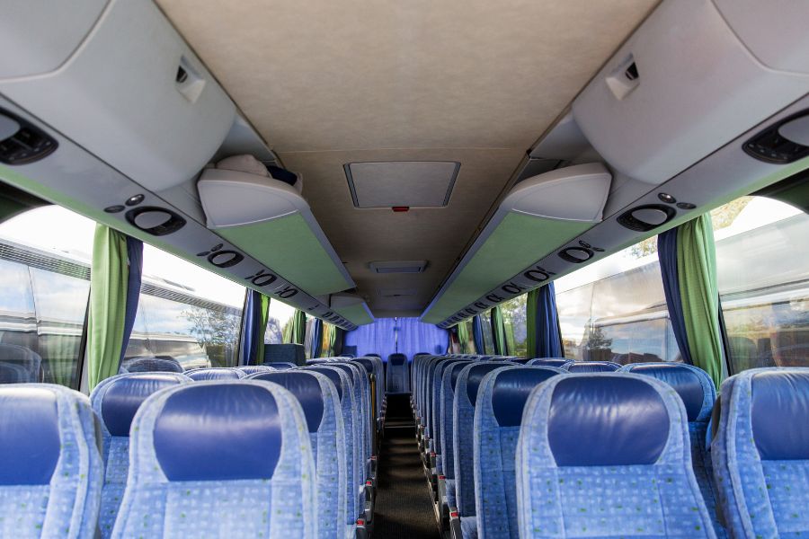 view from front of inside of empty charter bus hudson ny